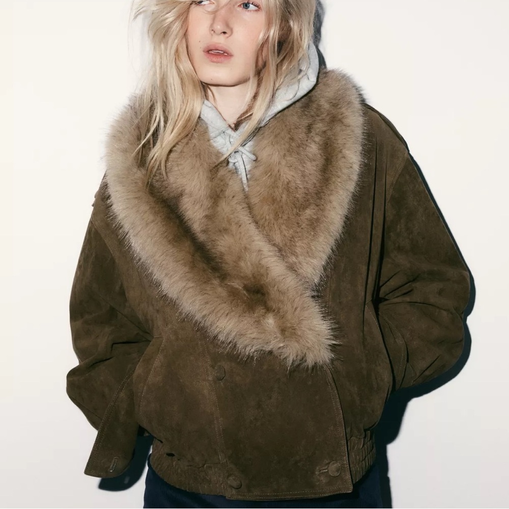 Zara 100% suede leather jacket with fur - Picture 2 of 4